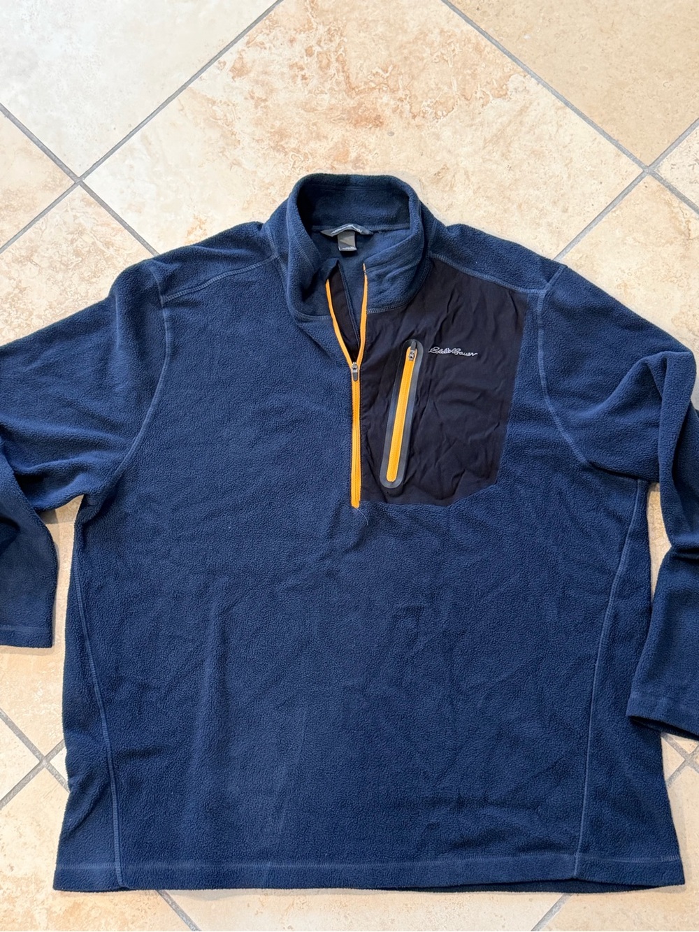 Eddie Bauer Navy Fleece Pullover with Yellow Zip Chest Pocket